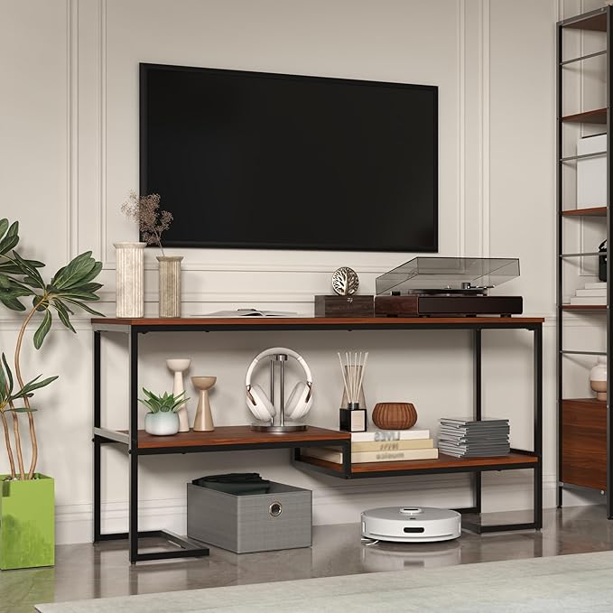 TV Stand for TV up to 60 Inch, TV Console Table with Open Storage Shelves, Industrial Media Entertainment Center for Living Room, Bedroom, Brown and Black