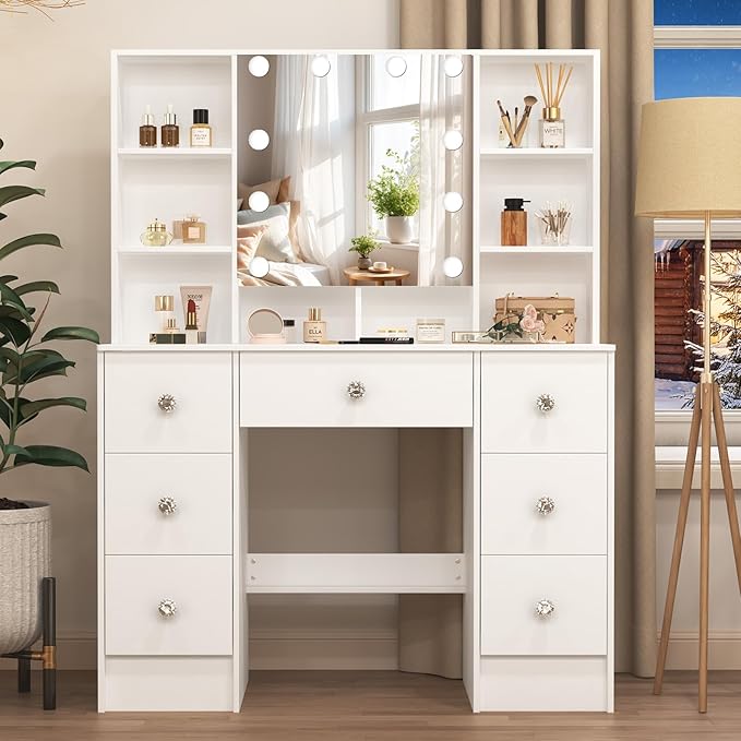 Large Vanity Table, Makeup Vanity with Mirror and Lights, 7 Drawers 8 Open Shelves, Hollywod Vanity Table for Girls and Women,100 * 40 * 140cm, Modern White
