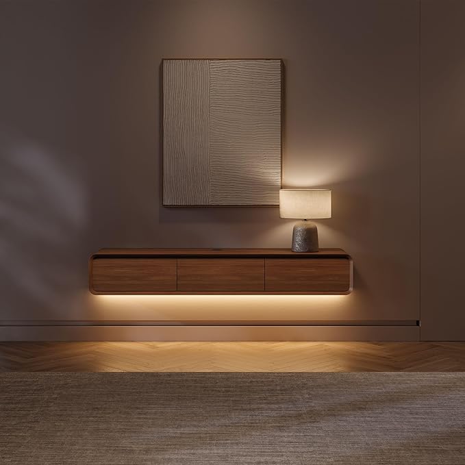 POVISON Fully Assembled Floating TV Stand with LED Lights, Modern Wall-Mounted Media Console with 3 Flip-Down Cabinet Doors, Floating Entertainment Center for 55 Inch TV