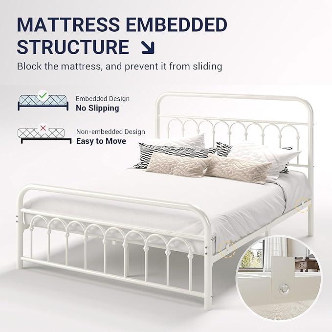 Allewie 14 Inches Queen Size Metal Platform Bed Frame with Victorian Style Curved Iron-Art Headboard/Footboard, Metal Slats Support, Easy Assembly, Under Bed Storage, No Box Spring Required, White