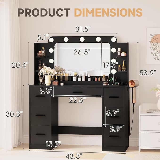 YESHOMY Vanity Desk with Large Lighted Mirror, Power Outlet and 11 Lights, Makeup Table with 7 Drawers and 3 Desktup Storage Units, 3 Color Modes Available for Bedroom, Black