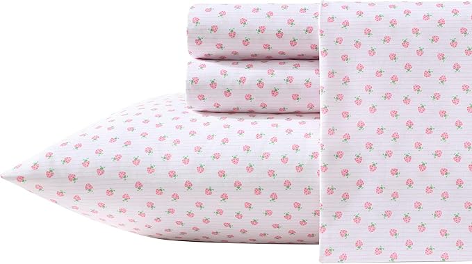Laura Ashley - Kids Sheet Set, Ultra-Soft & Breathable Toddler Bedding with Matching Pillowcases, Wrinkle-Resistant, Ideal Girl Room Essentials (Sweet Lady Bugs Pink, Queen)