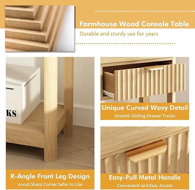 RUSTOWN Fluted Wood Console Table with 3 Drawers, Boho Narrow Behind Couch Entryway Table with Open Storage Shelf, Modern Sofa Table for Living Room, Foyer and Hallway (Natural Wood)