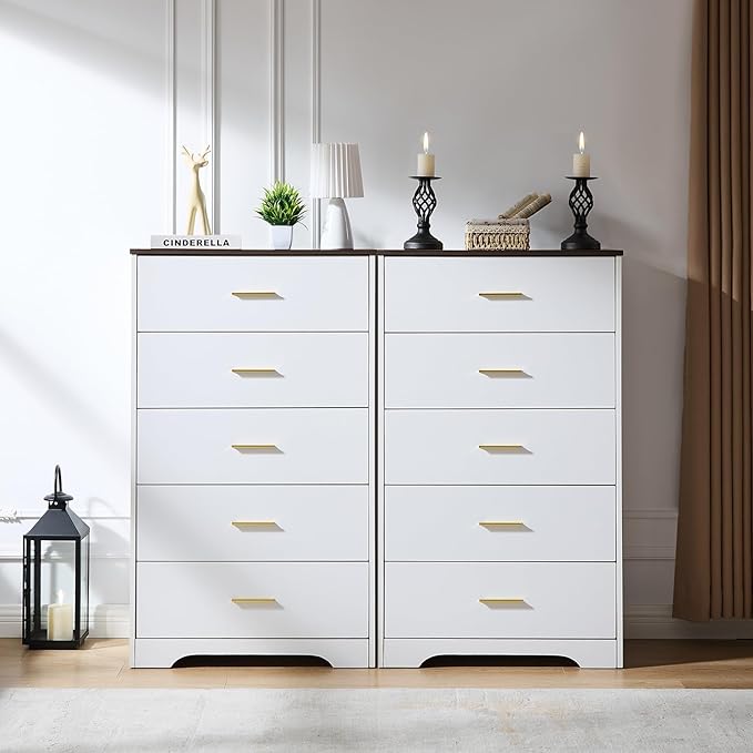 LIDYUK Dresser for Bedroom, Wood Dresser with 5 Drawers, Modern Minimalist Dressers & Chests of Drawers, 47 Inches Tall Chest of Drawers for Bedroom, Hallway, Living Room, White