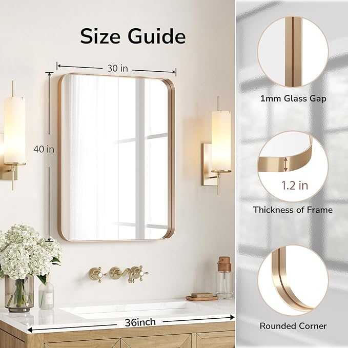 USHOWER Gold Bathroom Mirror 30"x40", Brushed Gold Rectangle Mirror for Over Sink, Rounded Corner, Aluminum Frame, Anti-Rust, Tempered Glass, Horizontal or Vertical Mounted