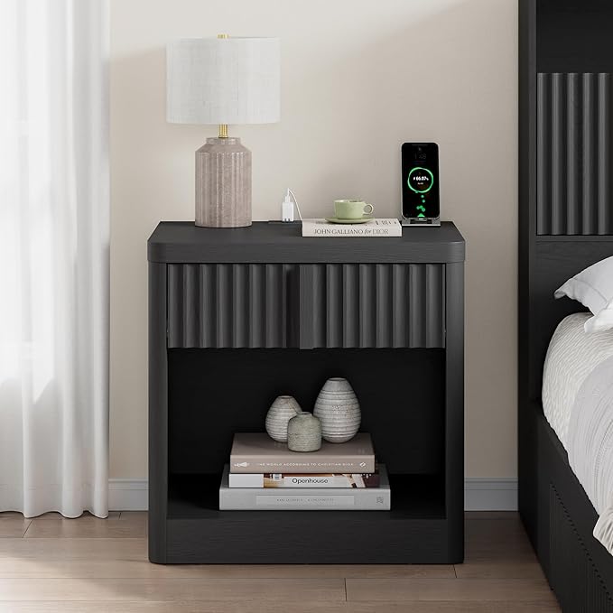 Fluted Nightstand with Charging Station, 23.6" Night Stand with Solid Wood Handle, End Table with Curved Profile Design, Mid Century Moden Bedside Table for Bedroom, Living Room, Black