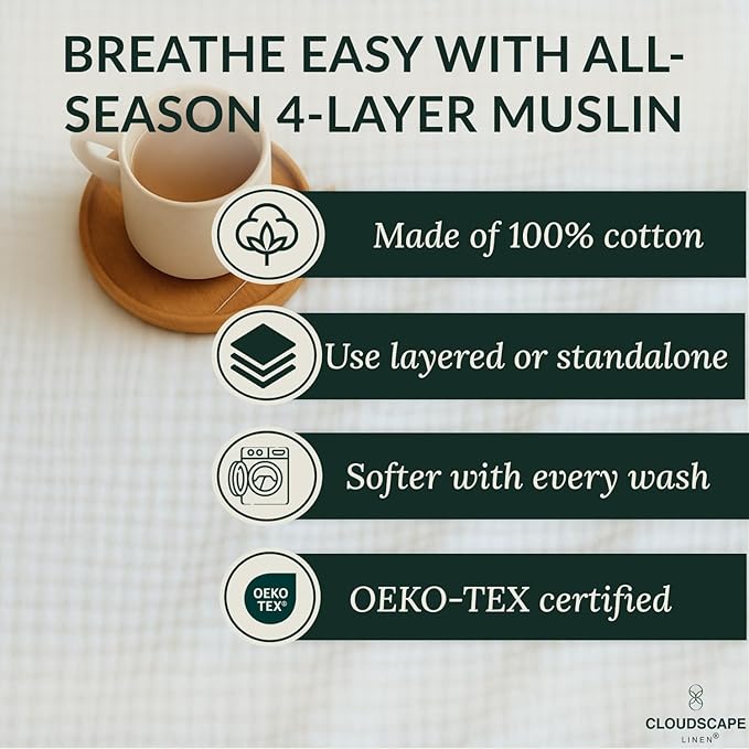 Extra Large 4 Layer Muslin Throw Blanket, 100% Cotton Blanket for Couch, Bed,Sofa, Home Decor,Pre-Washed Gauze, Best Summer Blanket, 50x70, White