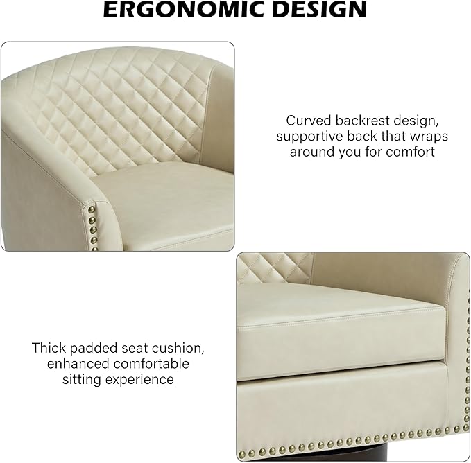 Swivel Barrel Accent Chair, Comfy Modern Upholstered Round Faux Leather Arm Chair for Living Room, Bedroom（Beige, Set of 2
