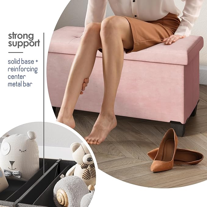 STORAGEBUD Storage Ottoman Bench with Bins, 30-in Storage Bench for Bedroom End of Bed, Folding Foot Rest Ottoman for Living Room Max 660lbs, Velvet Ottomans, Pink