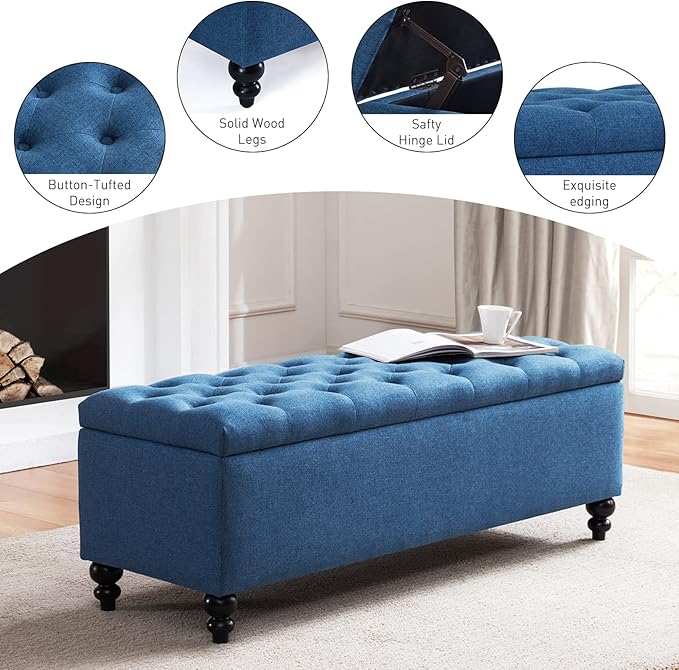 HUIMO Button-Tufted Ottoman with Storage in Upholstered Fabrics, Large Storage Bench for Bedroom, Living Room, Entryway, Bench with Safety Hinge Hold Up to 300lbs (Blue)