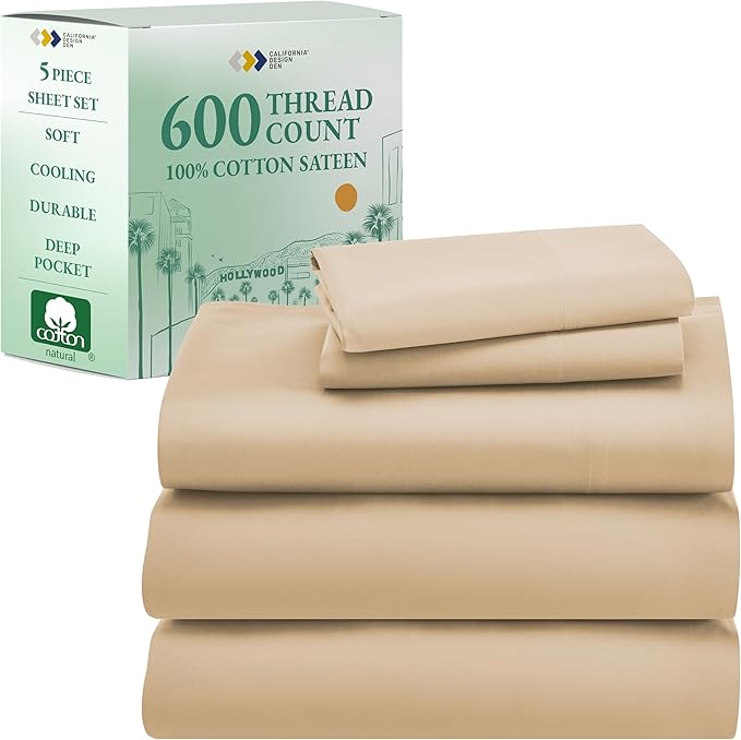 California Design Den 100% Cotton Split King Sheets, 600 Thread Count Sateen, Soft, Cooling Cotton Sheets, Hotel-Quality Bedding Sheets & Pillowcases (Golden Tan)
