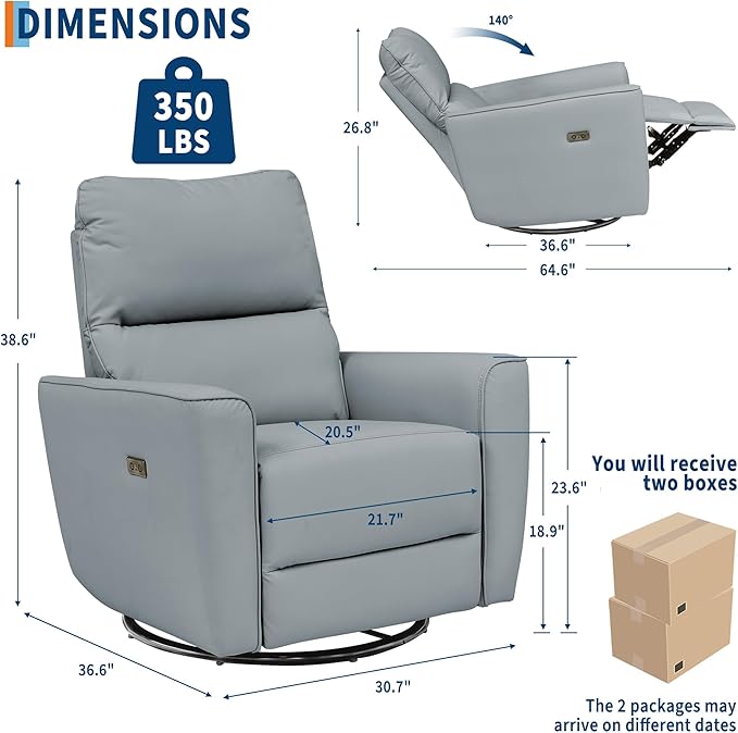 GarveeHome Power Recliner Chair Swivel Glider Upholstered Faux Leather Nursery Rocker Reclining Sofa Chair with Charging Port, Curved Armrests & Padded Backrest (Light Gray)