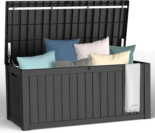 119 Gallon Outdoor Storage Box, Waterproof Deck Box with Handles and Lockable Lid, Resin Patio Storage Box with Hydraulic Rods for Garden Tools, Cushions, Black