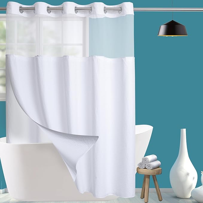 Conbo Mio Stall No Hook Waffle Weave Shower Curtain with Snap in Liner Set, Hotel Luxury White Shower Curtains for Bathroom with See Through Top Window, Waterproof, Washable 54W x 74H