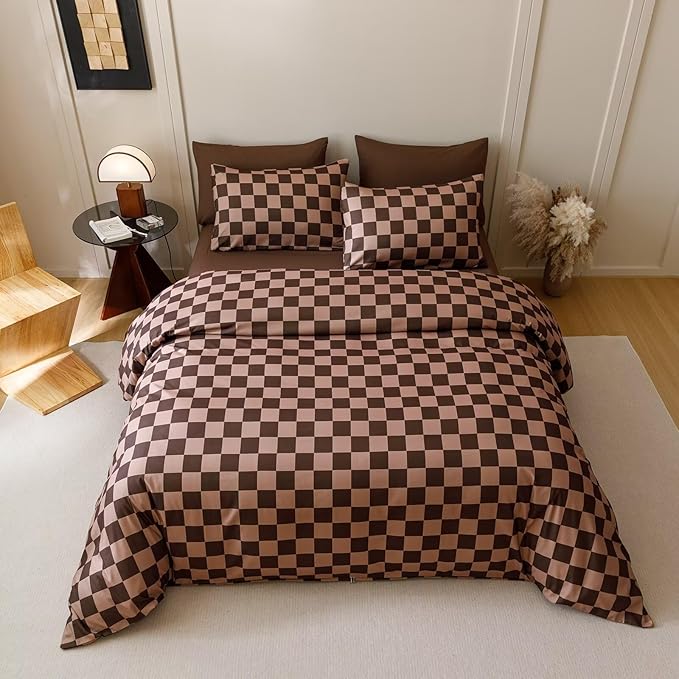 Luxlovery Brown Grid Comforter Set Full Brown Khaki Plaid Bedding Comforter Set Women Men Full Bed Soft Breathable Blanket Quilts Modern Geometric Coffee 3pcs Bedding Set