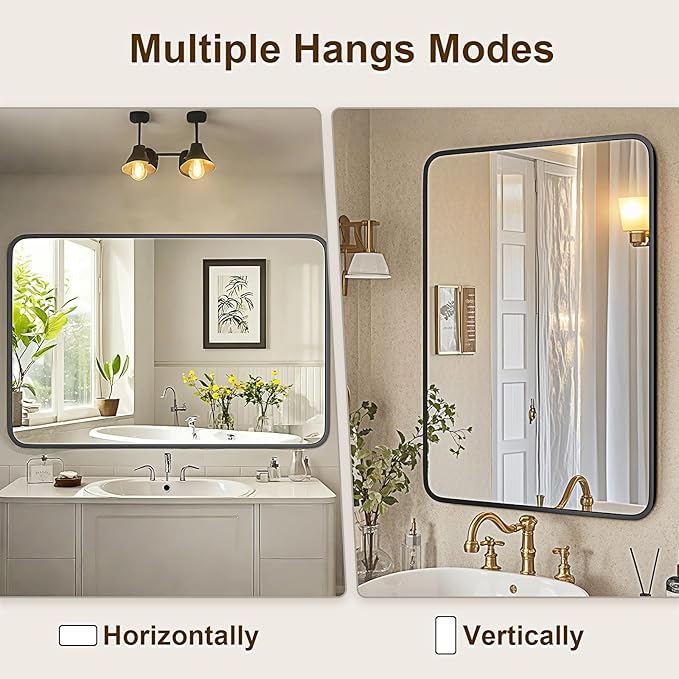 24"×36" Bathroom Mirror for Wall, Modern Bathroom Vanity Mirror, Black Bathroom Mirrors for Over Sink with Metal Framed HD Tempered Glass Hangs Horizontally or Vertically