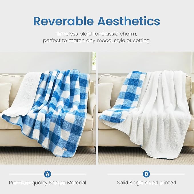 Cozy Bliss Ultra Soft Reversible Double Sherpa Sided Blanket, Buffalo Plaid Throw Blanket Fluffy Thick Warm Plush Fuzzy Blanket for Couch, Bed and Gifts (Light Blue, 60" x 80")