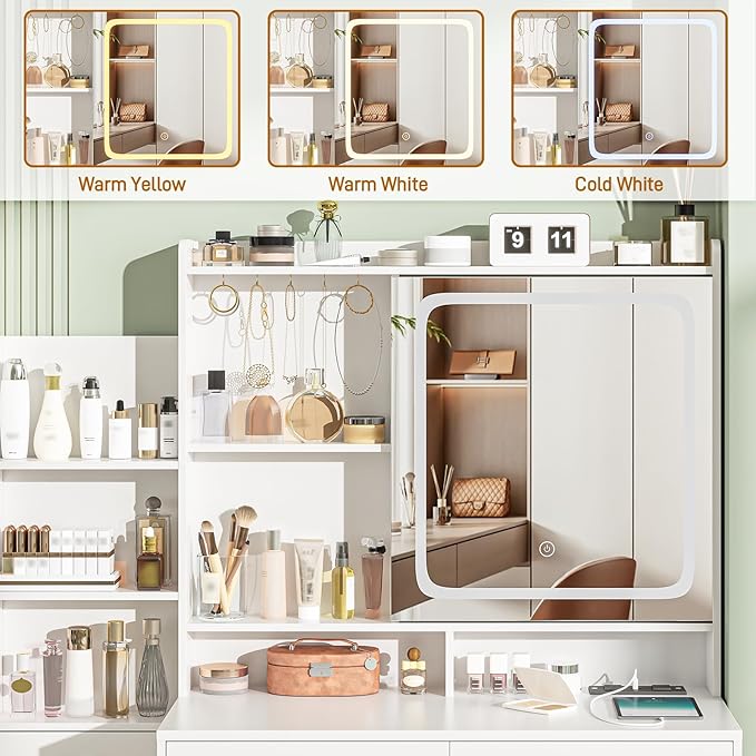 Vabches Makeup Vanity with LED Lights Mirror and Charging Station, Vanity Desk with Multiple Shelves and Drawers, Makeup Desk with Stool, Dressing Desk with 3 LED Light Models for Bedroom, White