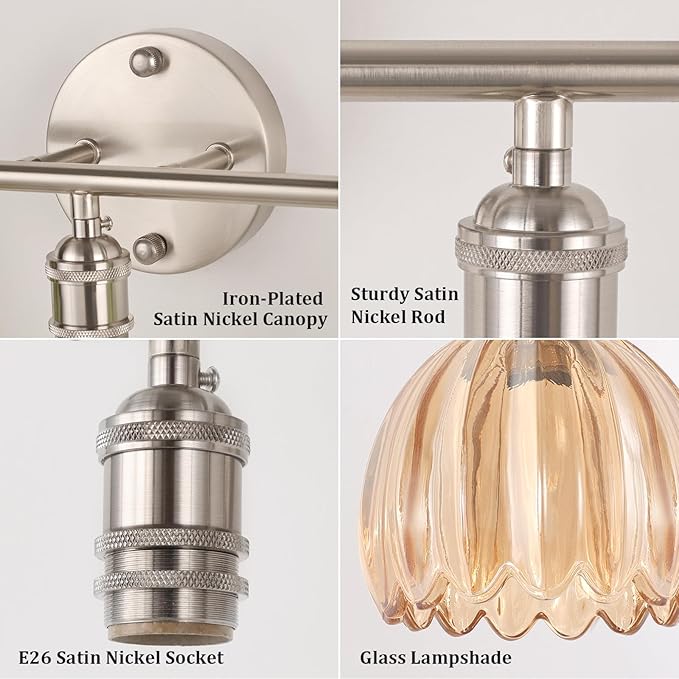 Bathroom Light Fixtures, 3-Light Vanity Wall Light Over Mirror with Amber Tulip Glass Shade for Bedroom Living Room, Satin Nickel