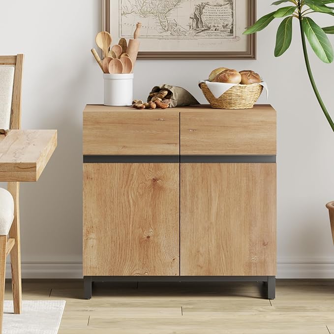 WAMPAT Modern TV Stand for 75-110 Inch TVs, Oak Wooden Entertainment Center with Metal Base & Adjustable Shelves, 31.5 Inch, Living Room, Bedroom