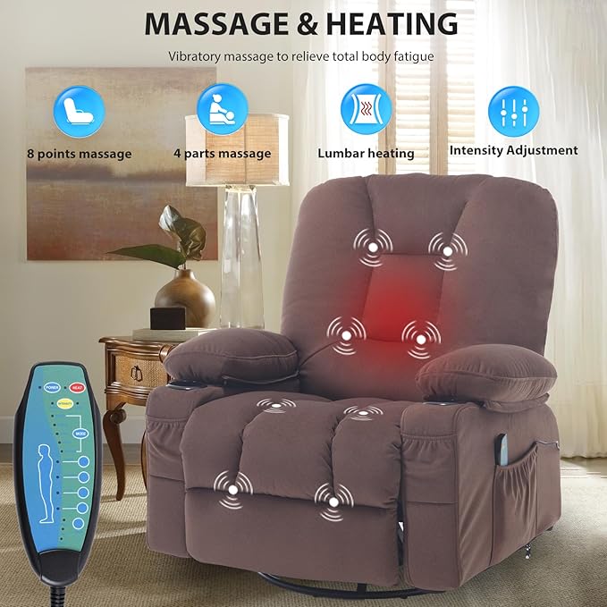 Recliner Chair for Adults, Rocker Recliners with Massage and Heat, Fabric Overstuffed Swivel Glider with Cup Holder Side Pocket, Manual Reclining Sofa Chair for Living Room,Brown