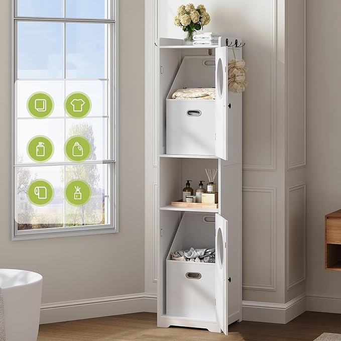 Laundry Hamper Cabinet, Tall Bathroom Storage Cabinet with 2 Removable Laundry Storage Baskets, Hidden Laundry Hamper with 2 Doors and Double Clothes-Toss Round Holes for Bathroom, White