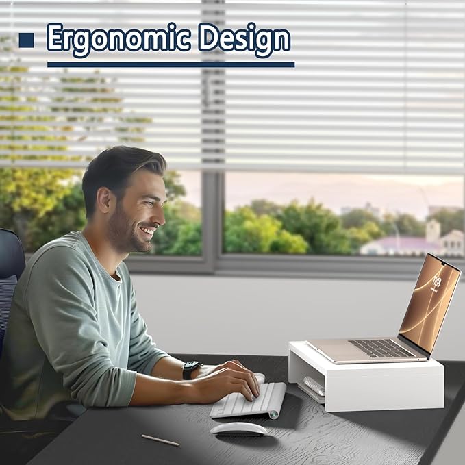 TEAMIX Monitor Stand Riser-3 Packs,Wood 3 Tiers Adjustable Monitor Stand Dual Monitor Riser for 2 Monitors/Laptop/PC Computer Stand for Desk (White, 3 PCS)