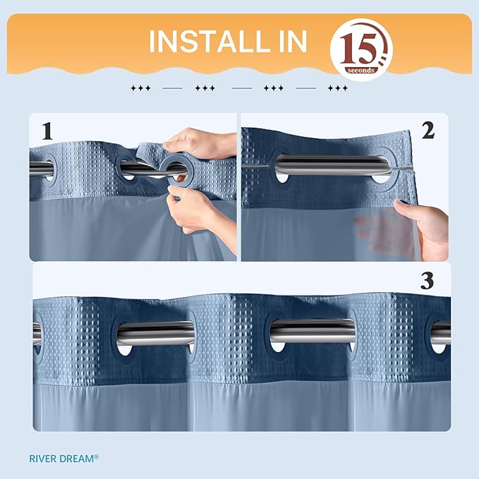 River Dream Blue Shower Curtain No Hooks Required Dotted Waffle Weave Shower Curtain with Snap in Liner - 71W x 74H,Hotel Grade,Spa Like Bath Curtain,Moonlight Blue