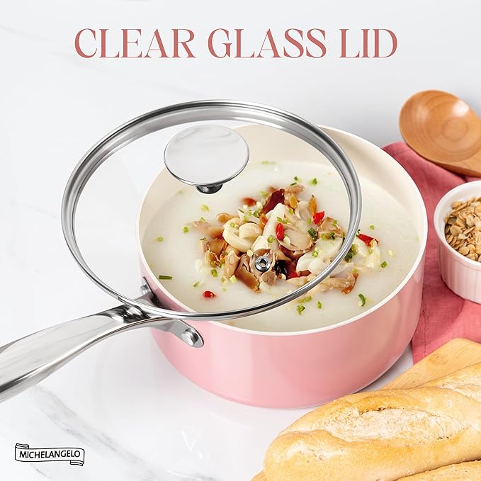 MICHELANGELO Sauce Pan with Lid, Non Stick Saucepan Set of 3-1Qt & 2Qt & 3Qt Small Pots for Cooking, Ceramic Saucepan - Non-Toxic, Scratch-Resistant, Oven Safe, Pink