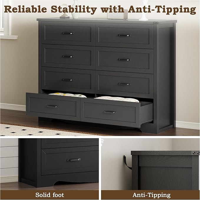 8-Drawer Dresser for Bedroom, Modern Wooden Chest of Drawers with Metal Handles, Anti-Tipping Design, Sturdy and Stable Storage Organizer for Living Room, Entryway, Home Office