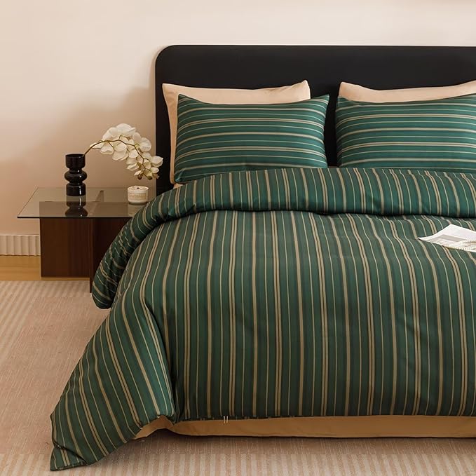 Luxlovery Striped Comforter Set Twin Boys Kids Dark Green Bedding Set Geometric Modern Stripe Pattern Blanket Quilts Durable Lightweight All Season 3PCS Comforter Set