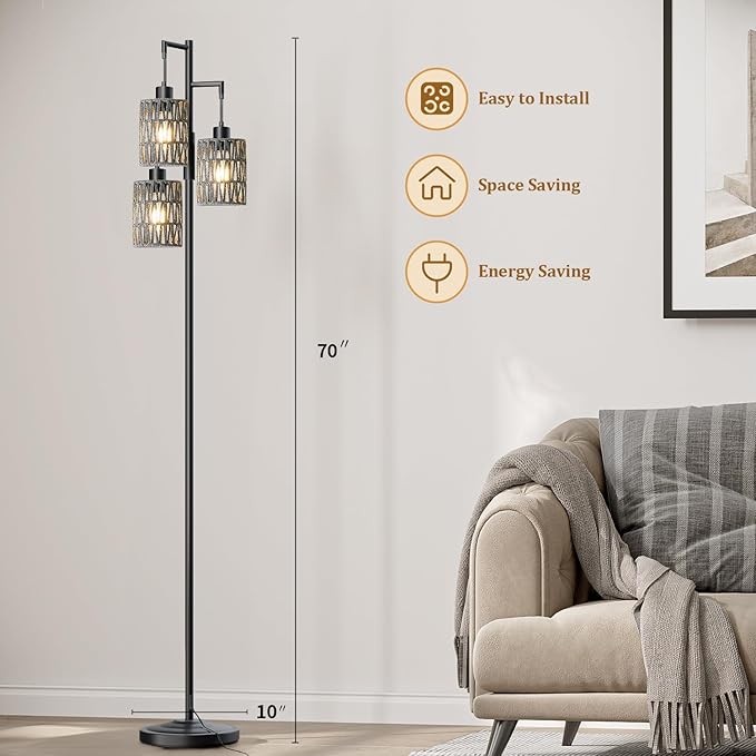 Oneach 70" Floor Lamps for Living Room, Stepless Dimmable Boho Floor Lamp with 3 Bulbs, Tall Farmhouse Industrial Corner Standing Tree Lamp for Bedroom, Office, Study Room, Black with Grey Shades