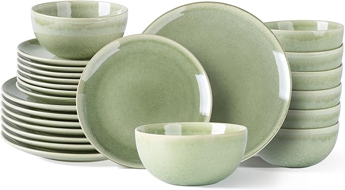 AmorArc Ceramic Dinnerware Sets for 8, 24 Pieces Handpainted Plates and Bowls Set, Scratch Resistant Stoneware Dishes Set, Dishwasher & Microwave Safe, Olive Green