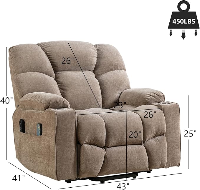 CANMOV Oversized Power Lift Recliner Chair for Elderly, Dual Motor Electric Heavy Duty Lift Recliner with Massage, Heating, with USB Port,Cup Holders and Pockets, Brown