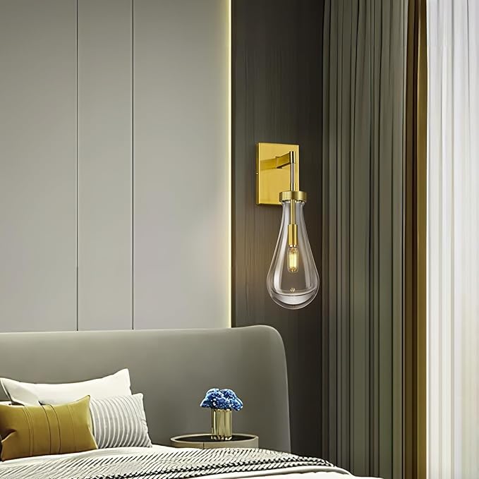 Raindrop Wall Sconces Set of Two Gold Sconces Wall Decor Modern Brass Wall Lighting Glass Bathroom Sconces Indoor Vanity Light Wall Lamp for Bedroom Living Room Stair