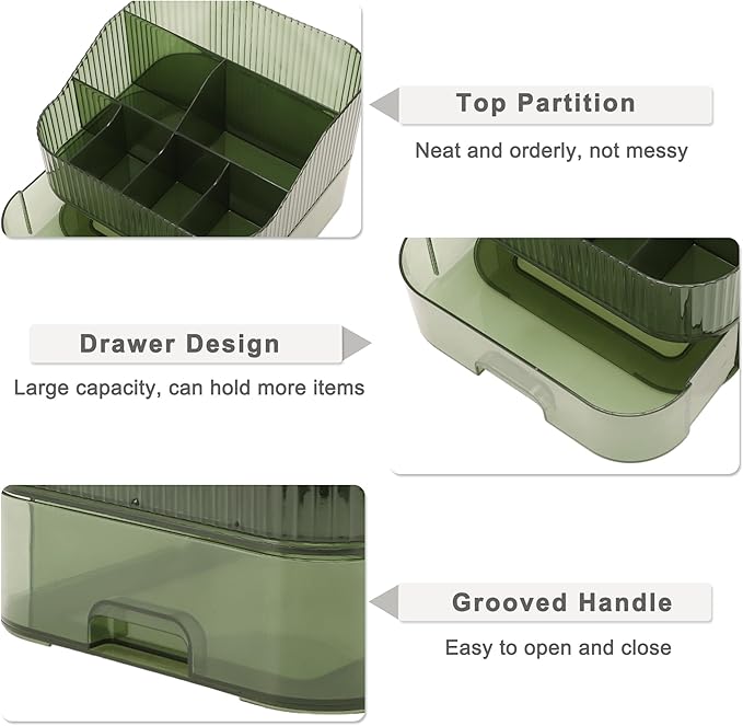 VOCOSTE 1 Set Makeup Organizer with Stackable Drawer, 7 Grids Makeup Organizer for Countertop Vanity, Skincare Organizers Cosmetic Display Cases for Lotions Lipsticks Brushes, Green