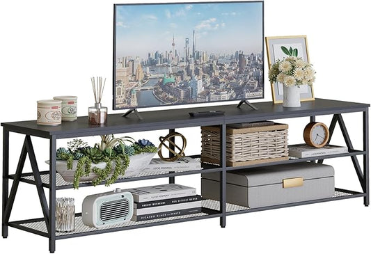 TV Stand for TVs up to 75 Inch, 70" Long Industrial TV Console Table with 3-Tier Storage Shelves, Entertainment Center for Living Room, Bedroom (Black)