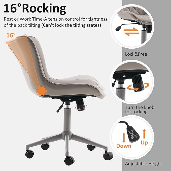 YOUTASTE All Grey Office Chair, Modern Armless Desk Chair with Back, Adjustable Swivel Rolling Faux Leather Task Chair with Wheels Metal Base for Home Office, Study, or Vanity