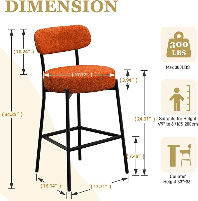 DYHOME Bar Stools Set of 2, 24 Inches Modern Counter Height Bar Stools with Curved Back Metal Legs, Orange Upholstered Boucle Barstools for Kitchen Island, Cafe