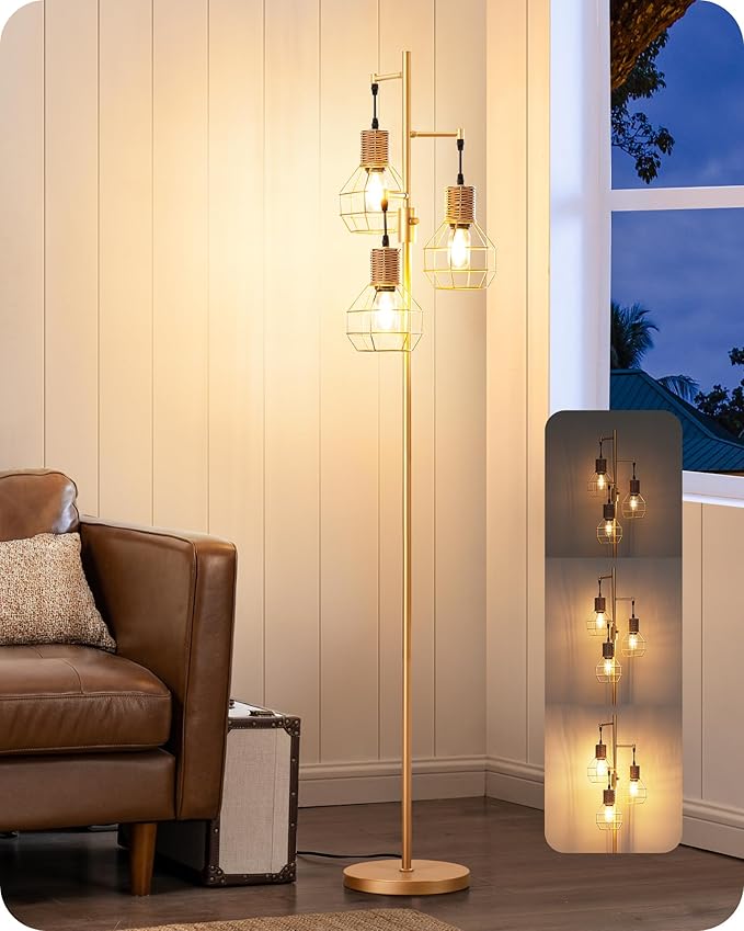 EDISHINE Dimmable Farmhouse Floor Lamp for Living Room, Industrial Standing Lamp with 3 LED Edison Bulbs, Corner Rustic Rattan Tall Tree Reading Lamps Home Decor for Bedroom, Office, Gold