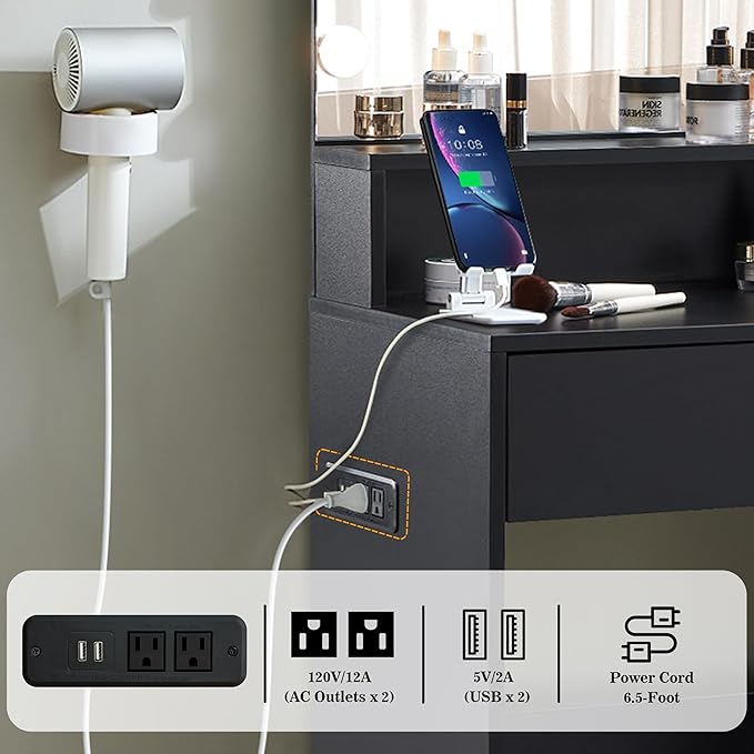 Black Vanity Desk with Mirror and Lights- Makeup Vanity Table Set with Power Outlet, 4 Drawers and Stool, Small Makeup Table with 3 Lighting Color Adjustable for Bedroom