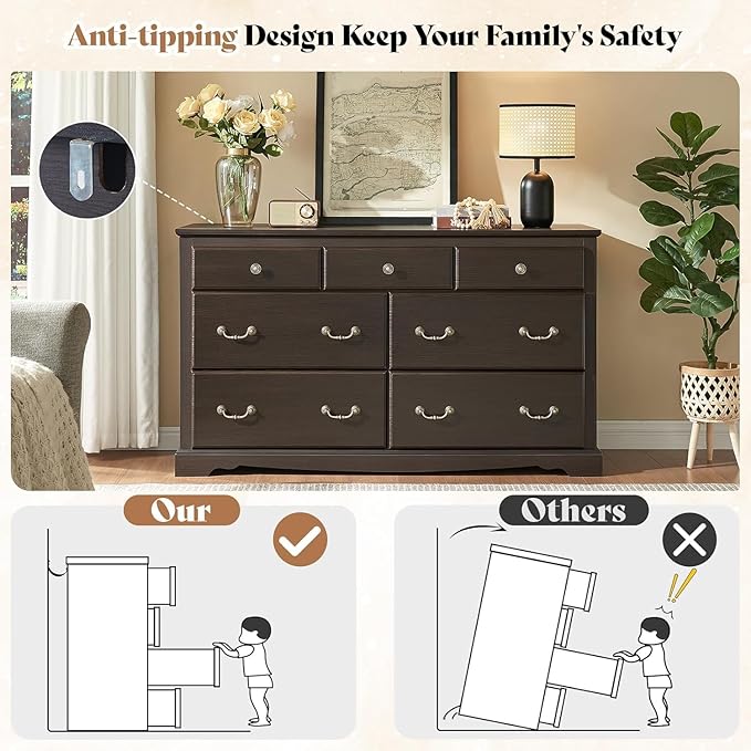 AMERLIFE 7 Drawers Dresser for Bedroom, Farmhouse Chest of Drawers with Vintage Metal Handle, Wooden Dresser Organizer for Hallway, Espresso