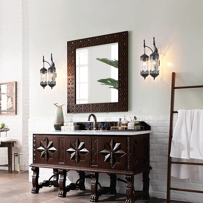 Rustic Glass Wall Sconce Vintage 2-Lights Antique Gothic Wall Light Fixture Retro Farmhouse Mid Centry Lantern Wall Sconce for Bedroom, Living Room, Mirror, Black, E12