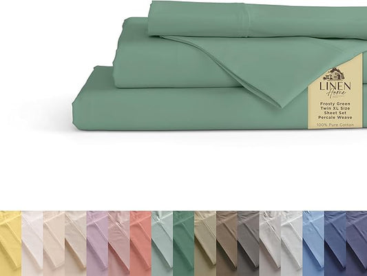Linen Home 100% Cotton Percale Sheets Twin XL Size, Frosty Green, Deep Pocket, 3 Pieces Set - 1 Flat, 1 Deep Pocket Fitted Sheet and 1 Pillowcase, Crisp Cool and Strong Bed Linen