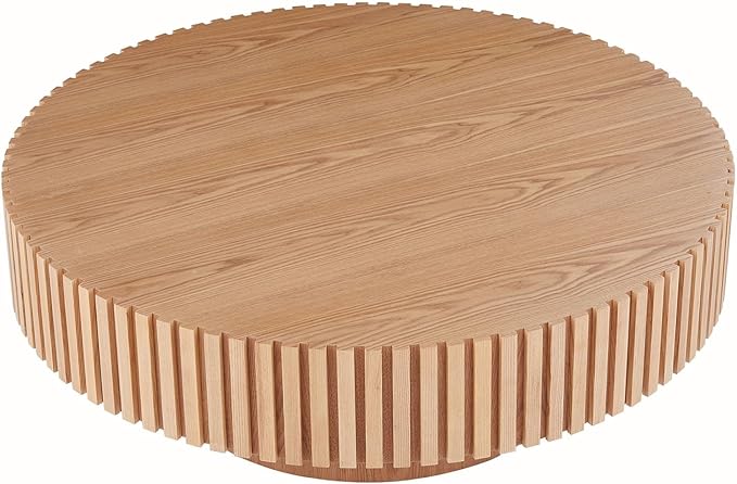 Round Coffee Table for Living Room, Accent Fluted Drum Coffee Table with Storage, Modern Solid Wood Circle Center Tea Table for Small Space Apartment (35.4''D×14''H-Natural)