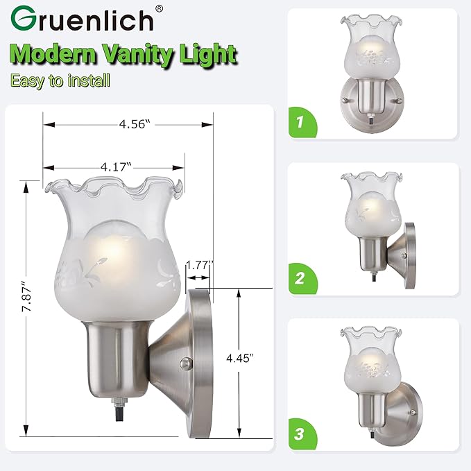GRUENLICH Wall Sconce, Modern Vanity Light, for Bathroom, Bedroom, Sitting Room, with ON/Off Switch, E26 Base 60W Max, Metal Housing with Glass, Nickel Finish, 1-Pack