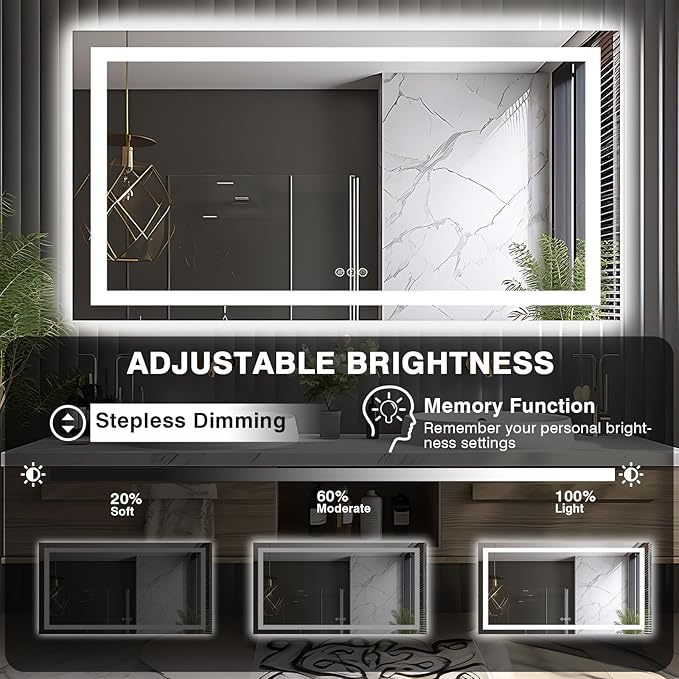 66"x36" LED Lit Bathroom Mirror, Front and Backlit LED Mirror, Anti-Fog Bathroom Mirror with Lights, 3 Colors Stepless Dimmable Mirror, Touch Sense (Horizontal/Vertical)