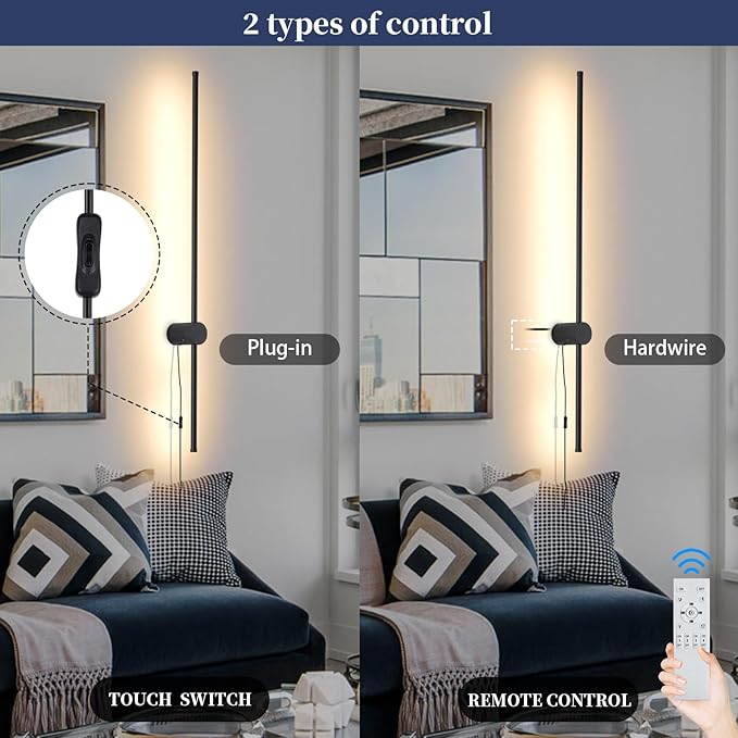 Dimmable Plug in Wall Sconce Set of 2,Black 39.37" LED Wall Light with Remote,Adjustable Color Temperature Brightness,Wall lamp with Timer for Living Room,Bedroom and Accent Lighting