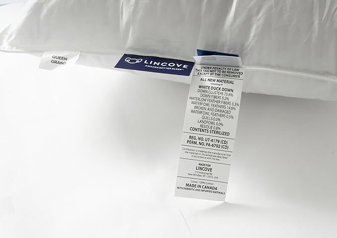 Lincove Cloud Natural Canadian Down and Waterfowl Feather Pillow, White Luxury Sleeping Pillow - 625 Fill Power, 500 Thread Count Cotton Shell, Made in Canada, Standard - Soft, 1 Pack