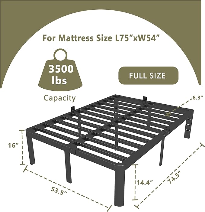 ITIMIDI Full Size Bed Frame 16 Inch High, Safety Design with Rounded Corner Legs and DIY Headboard, Heavy Duty Steel Slat Support, Metal Full Size Platform Bed Frame, No Box Spring Needed, Black